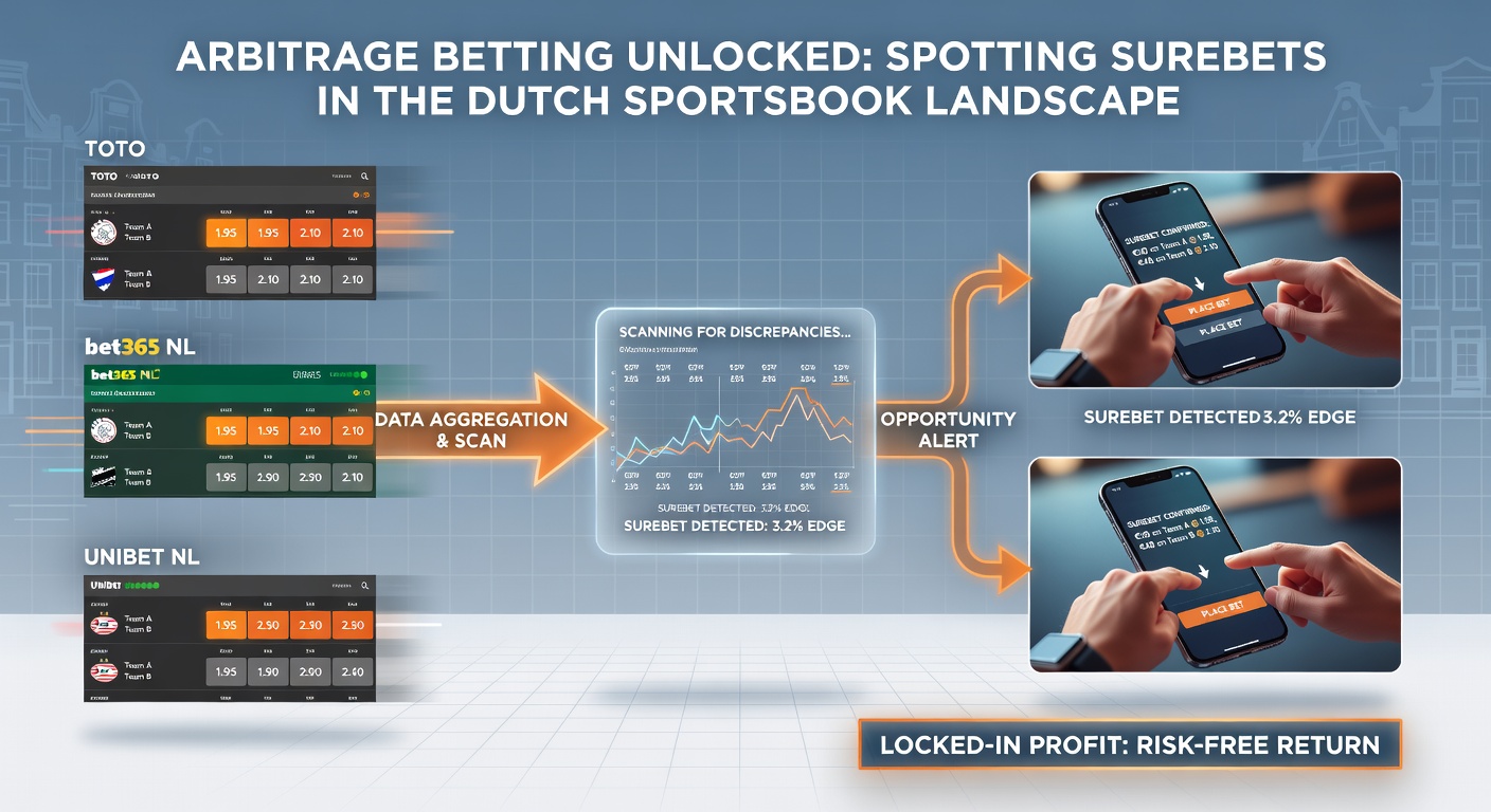 Grafiek met voorbeelden van surebets in Nederlandse bookmakers, inclusief oddsvergelijkingen voor een Eredivisie-wedstrijd en berekende winstpercentages