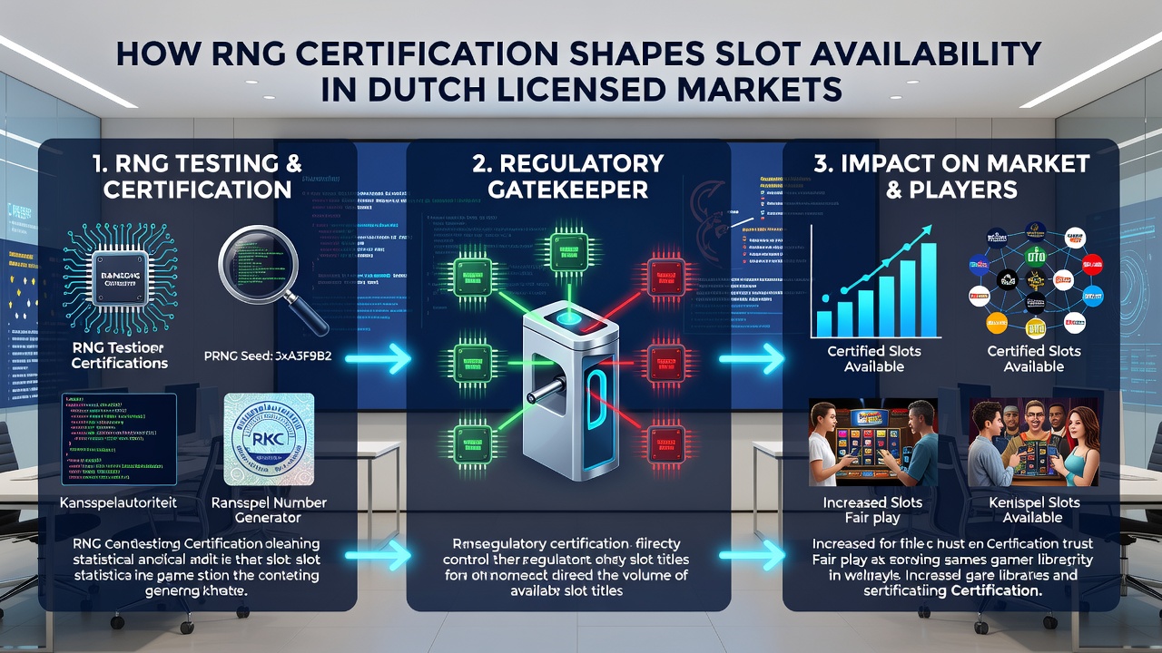 Diagram van het certificeringsproces voor random number generators bij Nederlandse licentieplatforms