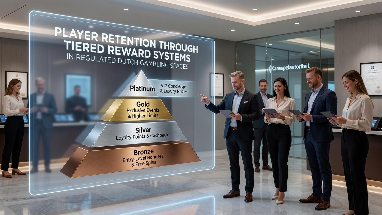 Illustratie van gelaagde beloningssystemen in Nederlandse online casino's met loyaliteitsniveaus en beloningen