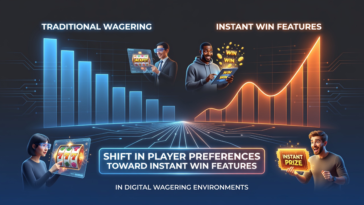 Illustratie van digitale gokinterfaces met instant win elementen en spelersinteracties