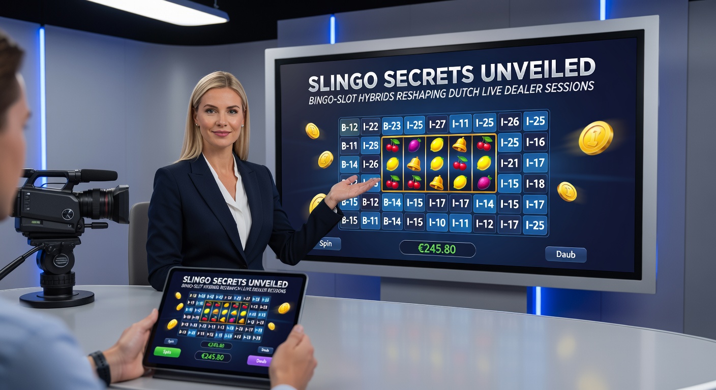 Live dealer leidt een Slingo sessie met spelerskaarten en digitale slotrollen op scherm