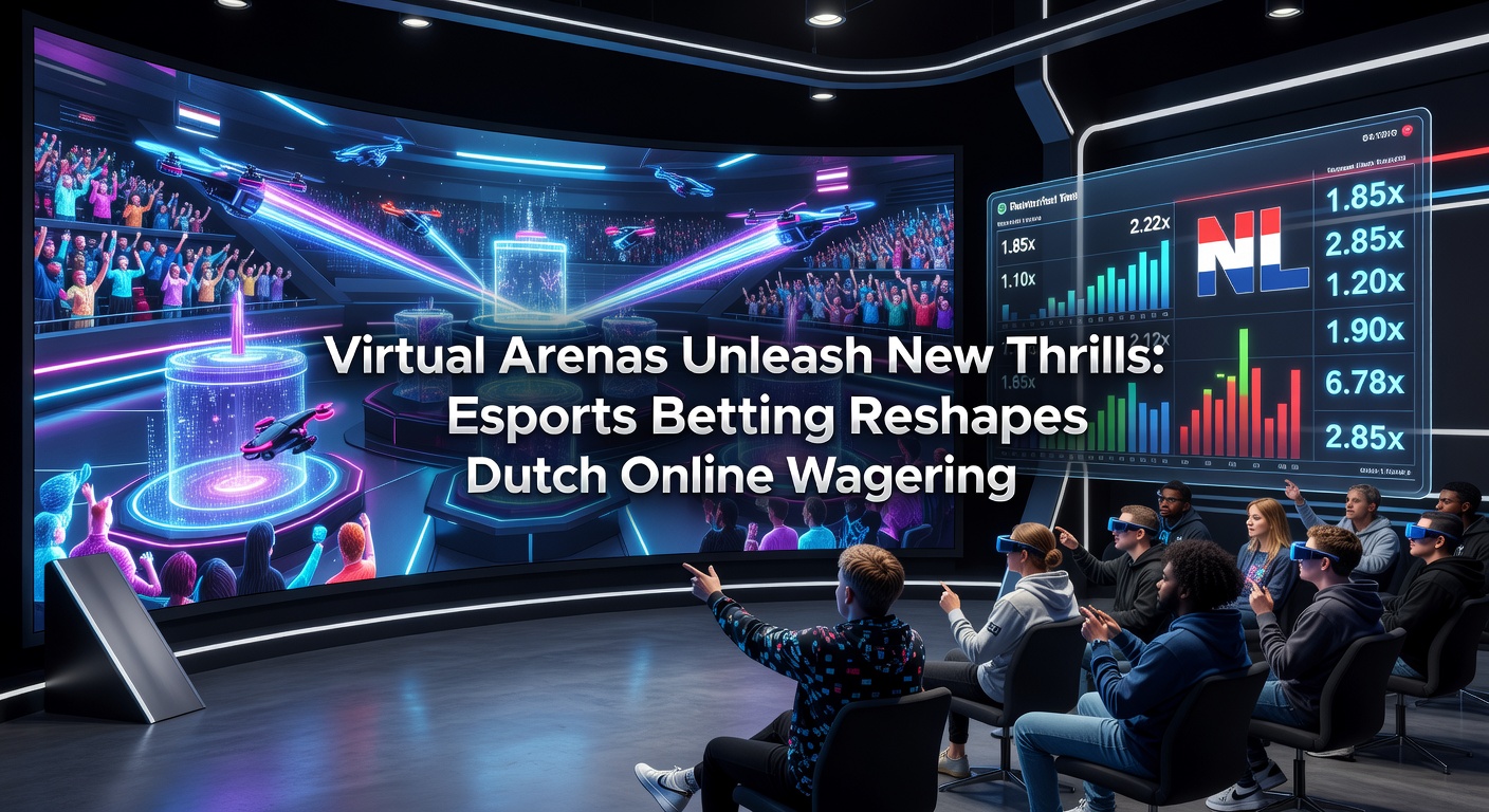 Spannende esports-wedstrijd met gamers in actie voor een groot scherm, symboliserend de opkomst van virtuele betting in Nederland
